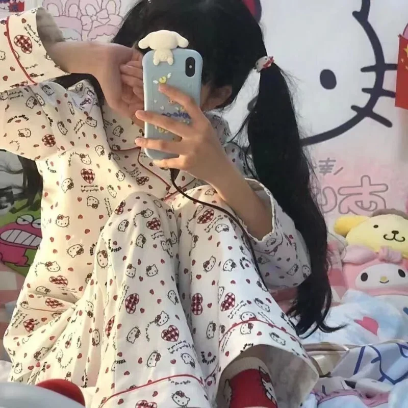 Spring Autumn Cute Hello Kitty Home Costume Cartoon Pajama Set Sanrio Long Sleeve Top+Pants Oversized Cardigan Pink Pajama Girl