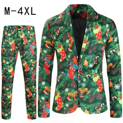 2024 New Men's Christmas Suits Set 2 Piece Christmas Trees Printed One Button Men Blazer Jacket and Trousers for Xmas Plus Size