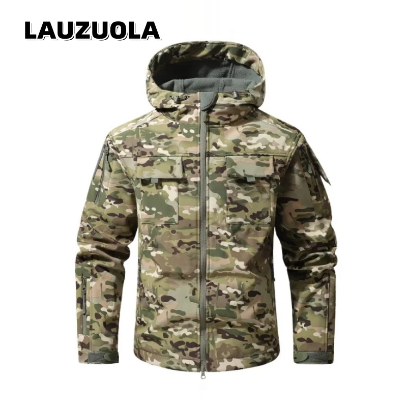 Men Camouflage Softshell Zipper Jacket Hooded Loose Functional Coat Outdoor Windproof Workwear Jackets