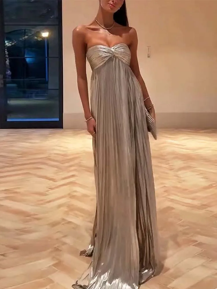 

BKQU Sexy Off Shoulder Party Dress Women's Elegant Pleated Slit Hight Waist Solid Floor Length Dress Luxury Evening Prom Gown