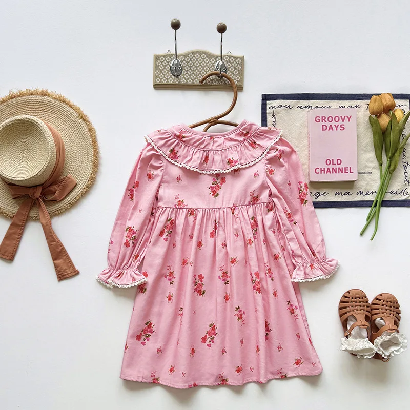

2025Autumn French Style Printed Turn-Down Collar Long Sleeve Girls' Dress Pink Girls' Princess Dress Children's Pure Cotton Dres