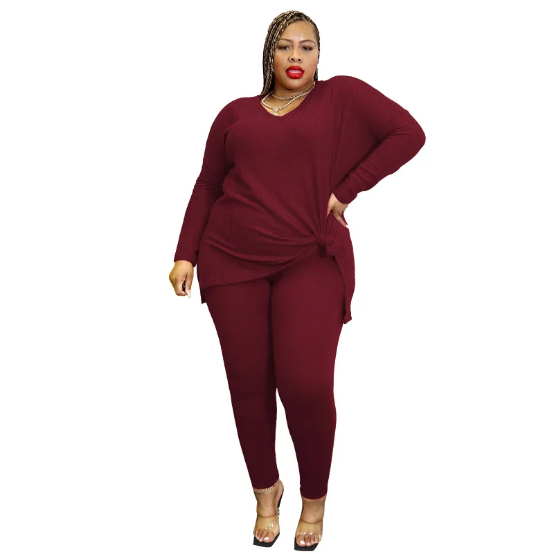 Dorywczo luźne Plus Size damskie zestawy dwuczęściowe Kniited jesienne ubrania V Neck Top długie Panst pasujące stroje hurtownia Dropshipping