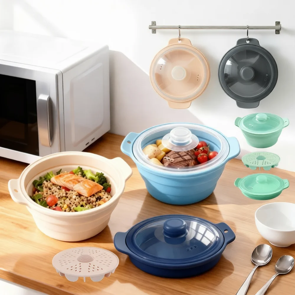 Foldable Silicone Steamer Bowl Durable Kitchen Soup Cooker With Lid Food Grade Microwave Oven Air Fryer Safe Camping Pot
