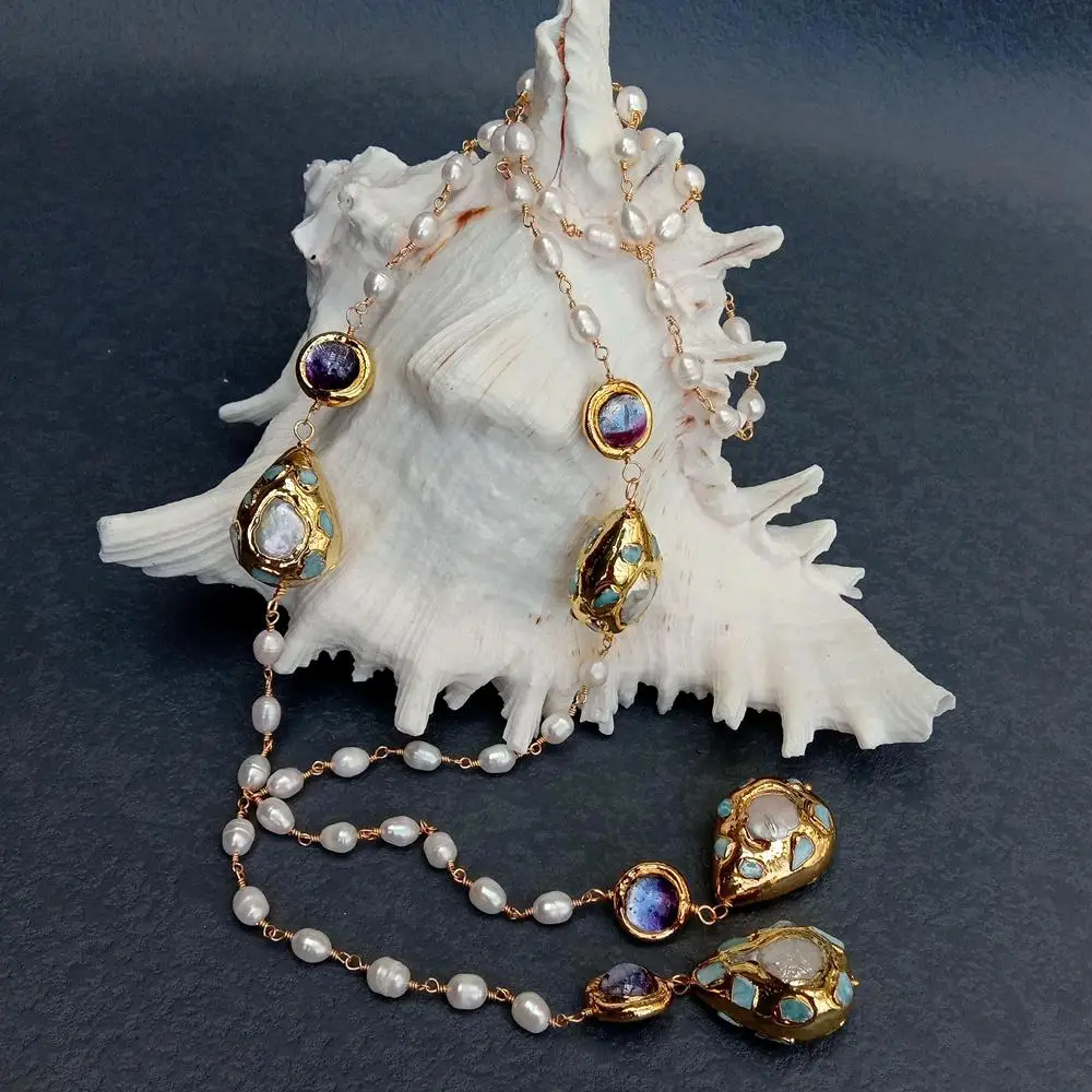 Y.YING Cultured White Rice Pearl Larimar Purple Murano Glass Long Rosary Chain Necklace