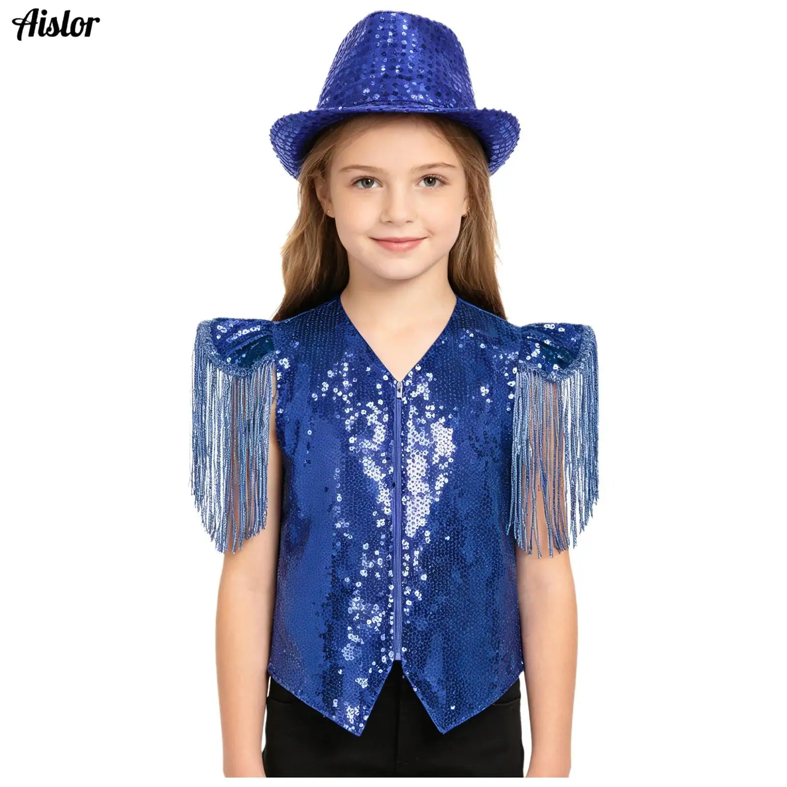 

Children's Sequin Vests+Hats Boys Girls Jazz Dance Performance Costume Kids Waistcoat Disco Music Party Festival Vest Clothes