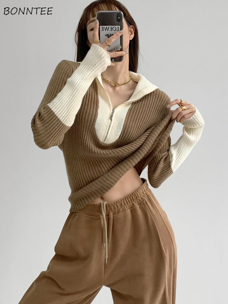 

Slim Pullovers Women Design Panelled All-match Personality Retro Korean Style Sweater Leisure Spring Ladies Cozy Simple Spliced