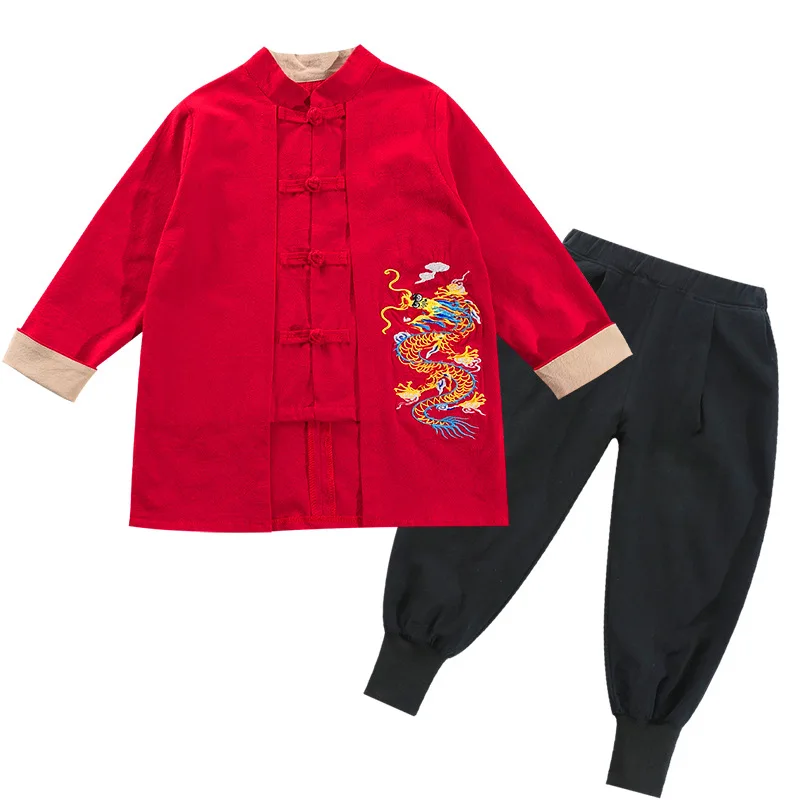 2023NEW cinese tradizionale Hanfu per bambini ragazzi manica lunga drago ricamo capodanno Tang vestito natale autunno cotone rosso