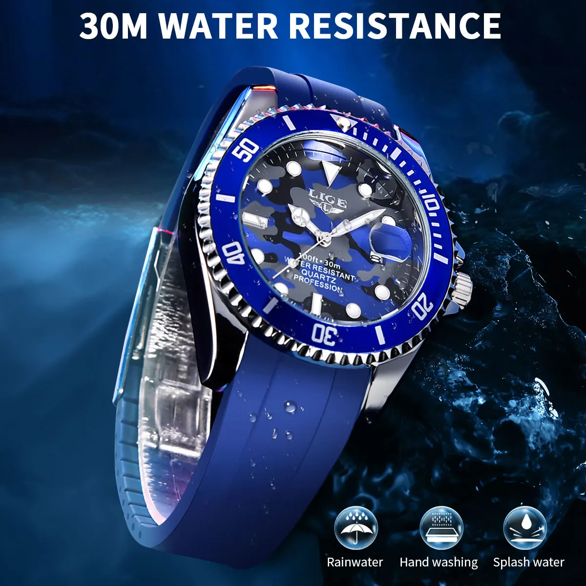 2024 LIGE New Silicone Mens Watches Stainless Steel Waterproof Quartz Watch For Men Sport Dive Chronograph Relogio Masculino+Box