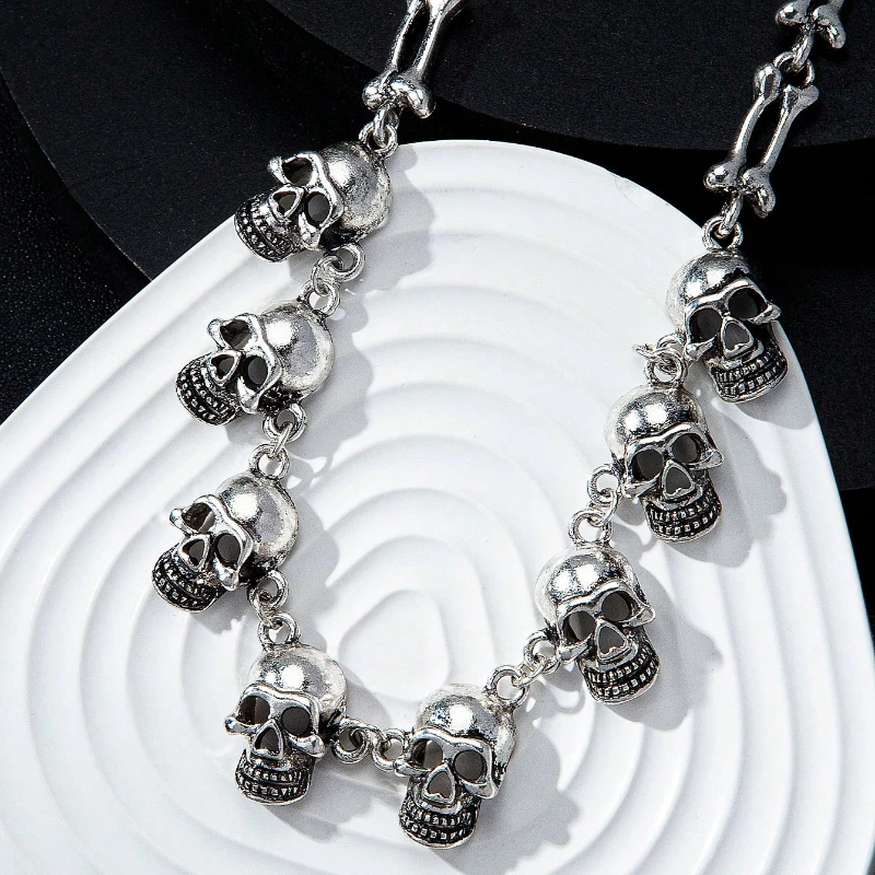 Gothic Style Exaggerated Multiple Skull Connected Choker Necklace Unique Skull Halloween Gift Accessory Charm Quirky