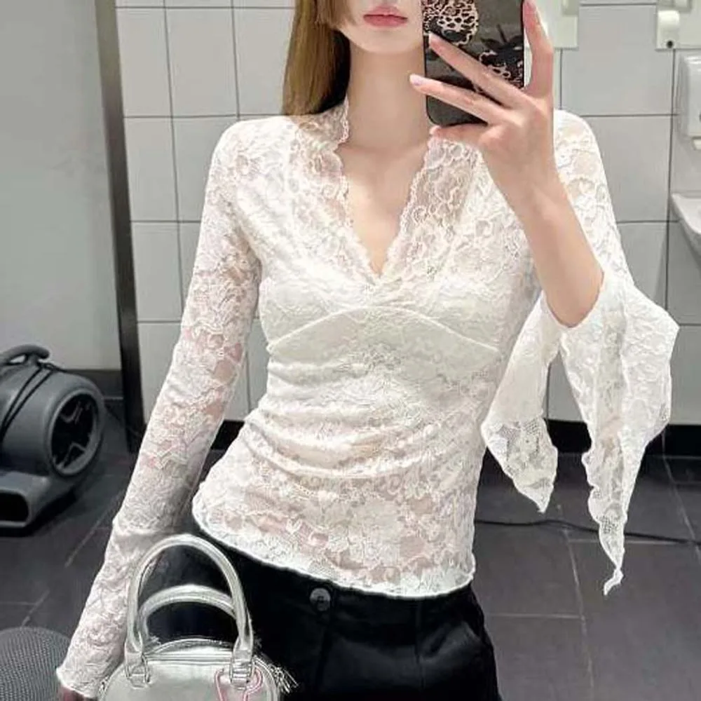 

Low Collar Lace Bottomed Blouse Spicy Girl Outfit Hollow Thin Long Sleeve Mesh Top V-neck Undershirt See-Through Slim Fit Top