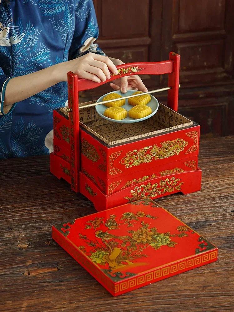 Antique New Chinese Style Handheld Basket, Multi layered Props, Meal Delivery Boxes, Wooden Food Boxes, Wedding