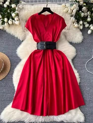 Women Elegant Party Dress Summer Sleeveless Slim V-neck Vintage Dresses Ladies A-line High Waisted with Belt Midi Robe Vestidos