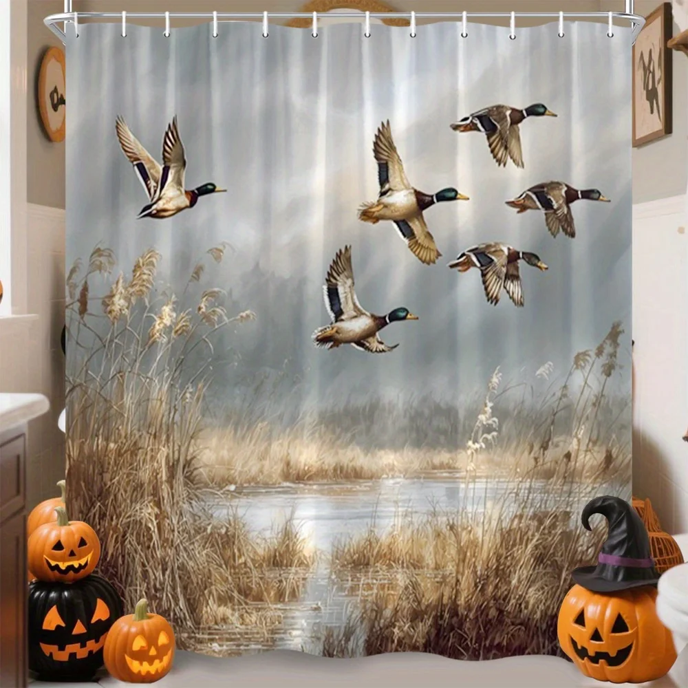 Rustic Duck Shower Curtain Mallard Flying Over Wetland Scene Polyester Bath Curtain with 12 Hooks for Nature Decor