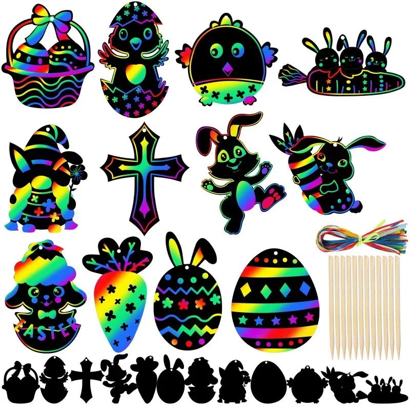 Easter Magic Scratch Paint Easter Eggs Crafts DIY For Making Holiday Gifts Egg Basket Fillers Party Decorations 24/12pcs