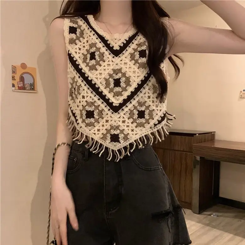 Retro Crochet Knit Lace Fringe Camisole Summer New Design Short-sleeveless Top