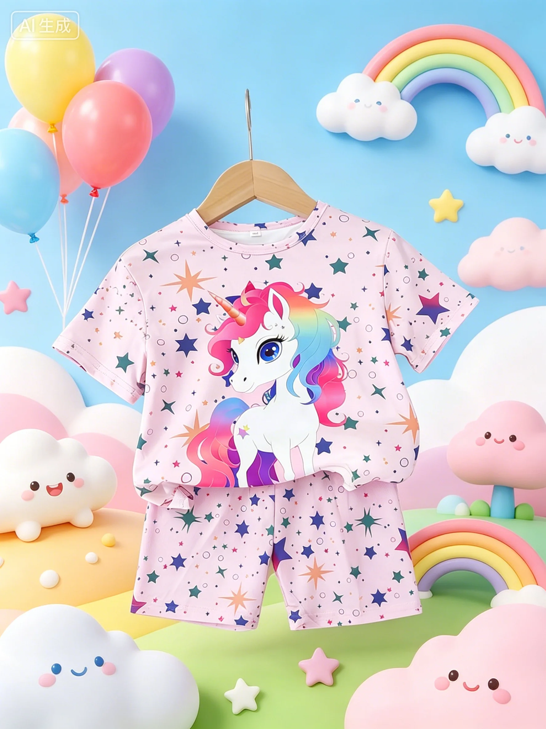 Set mit Einhorn-Print für Mädchen, rosa, kurzärmelig, mit Stern-All-Over-Print, Shorts im süßen Stil – Detail 2