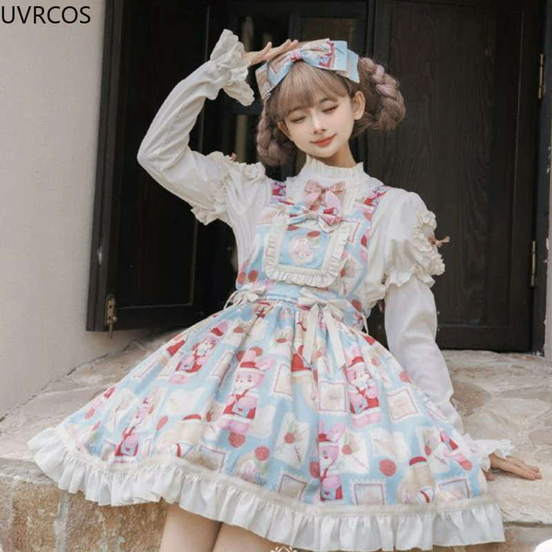 Gothic Y2k Lolita Dress Women Kawaii Sweet Bow Cartoon Bear Print Sleeveless Dresses Halloweeen Harajuku Girls Tea Party Dresses