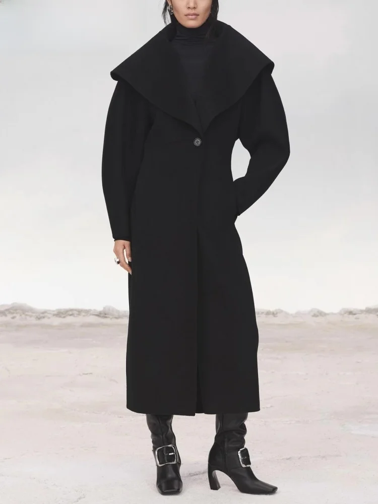 Black Pure Wool Wide Collar Coat Loose Outerwear Autumn Winter New Arrival Women's Fashion Korean Style Long Sleeve Coat