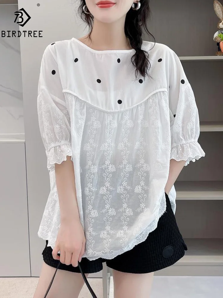 

New Spring Cotton Casual Short Sleeve Shirt Women Embroidery Top Girl Loose Fashion Retro Commute Blouses 2024 Summer T45848QM