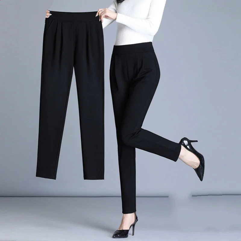 Women Casual Fashion Cropped Pants 2024 Spring Summer Elegant High Waist Elastic Pockets Solid Pants Office Lady Slim Trousers