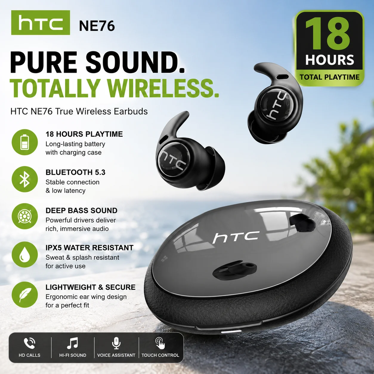 HTC NE76 Wireless Bluetooth Earphones TWS In-Ear Earbuds Bluetooth 5.4 Mic IPX5 Waterproof Sports Ear Buds with iOS Android