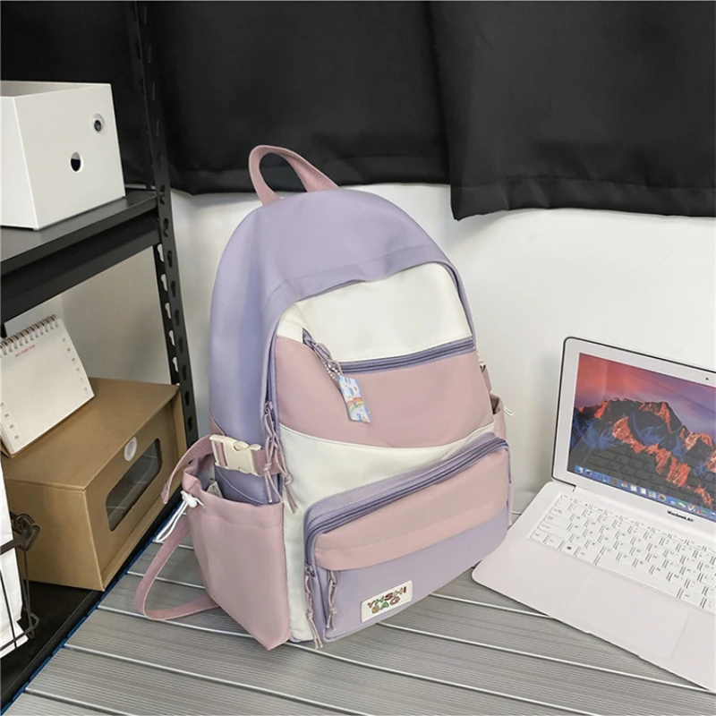 

2022 New Fashion Women's Backpacks Panelled Contrast Waterproof Nylon Travel Backpack Teenage Schoolgirl's Anti-Theft Schoolbag