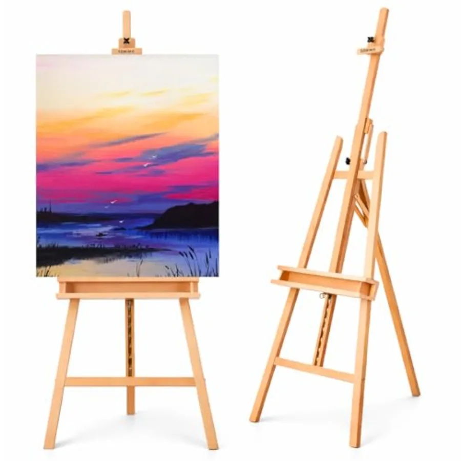 Lrge - Bsic Studio - djustble Solid Beec Wood rtist wit Brus Storge Try, Floor Wooden Easel Stand for Painting Canvas, Natural