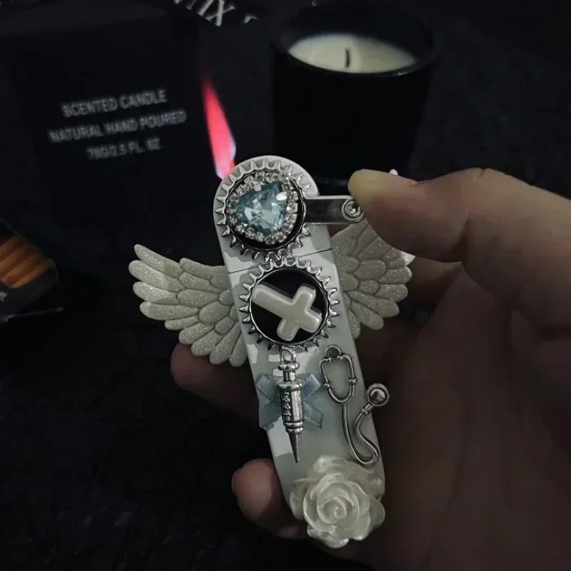 New Handmade Angel Portable Rocker Arm Red Flame Direct Spray Windproof Fashion Lighter Butane Inflatable Igniter Women's Gifts