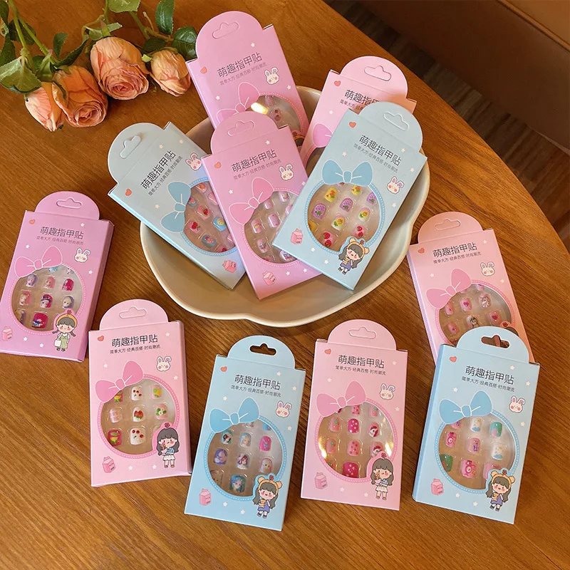 24Pcs/box Colorful Cute Children Cartoon Nail Tips Fake Nail Set with Jelly Glue Adhesive Girl False Nail DIY