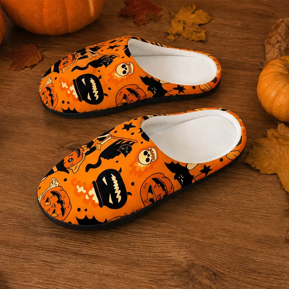 Witch Cat Pumpkin Slippers Halloween Skull Bat Casual Cozy House Shoes Trendy Fashion Warm Cotton Slip On Soft Indoor Footwear