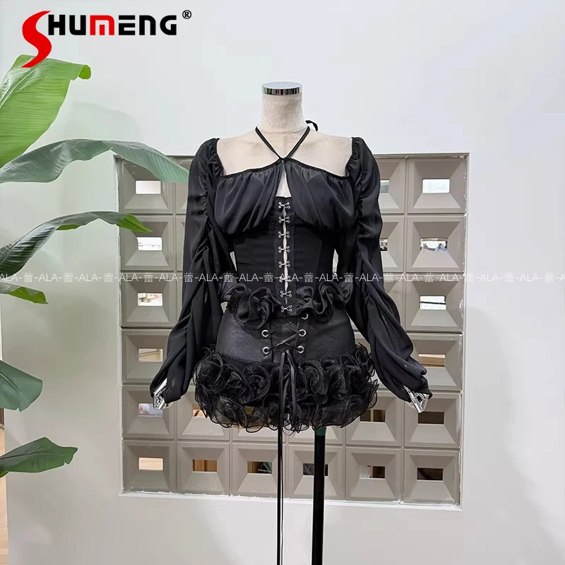 

Новинка 2026: Модный женский комплект из двух предметов — сексуальный топ с открытыми плечами и длинными рукавами, облегающий по талии, и юбка.