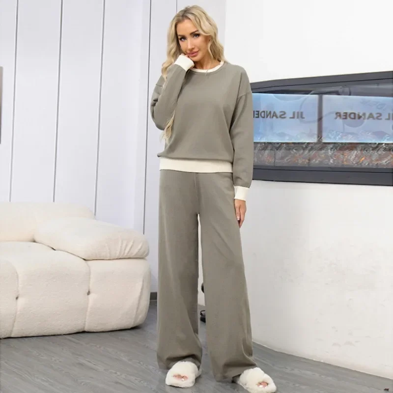 New Contrast Color Knitted 2 Piece Sets Women Outfit O-neck Long Sleeve Pullover Sweater + Wide Leg Pants Women\'s Tracksuit