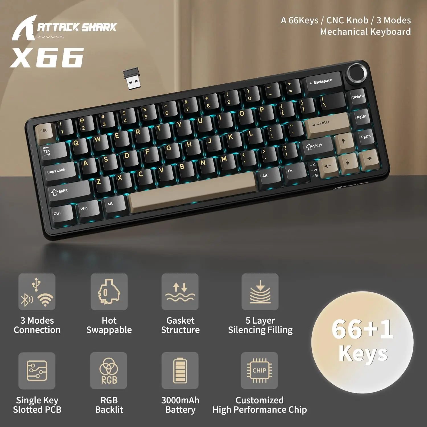 

MAMBASNAKE x ATTACK SHARK X66 Беспроводная механическая игровая клавиатура с ручкой, трехрежимная USB-C/BT5.0/2.4G с прокладкой