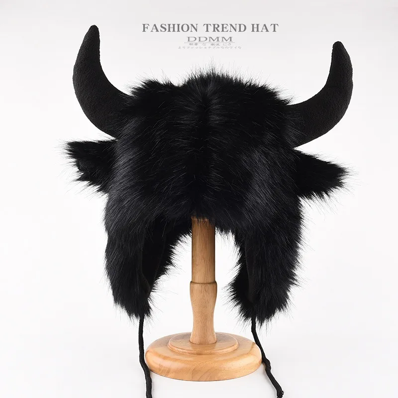 Unisex Winter Black Horn Furry Warm Ear Flap Hat Windproof Cold Weather Cap