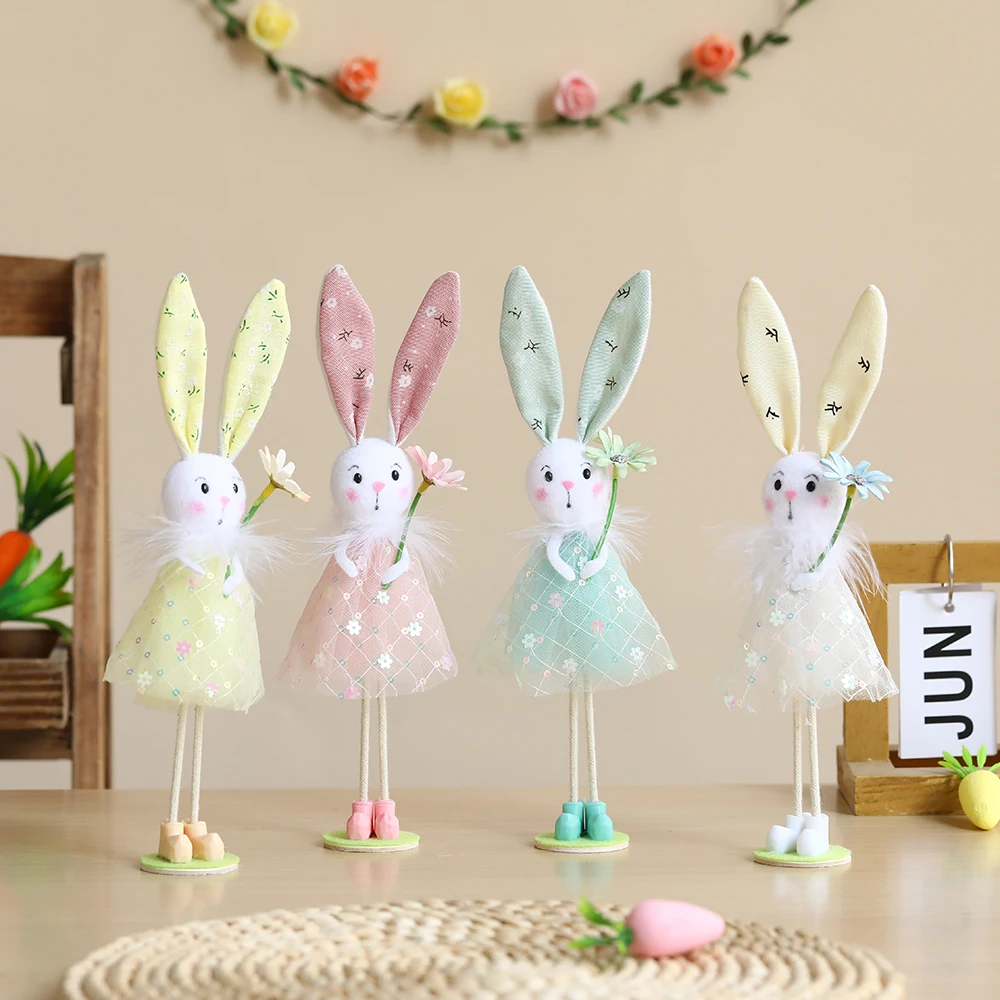 24cm Easter Standing Rabbit Holding Flowers Doll Bunny Ornaments for Home Decor Spring Easter Party Stuffed Plush Toy Kids Gift