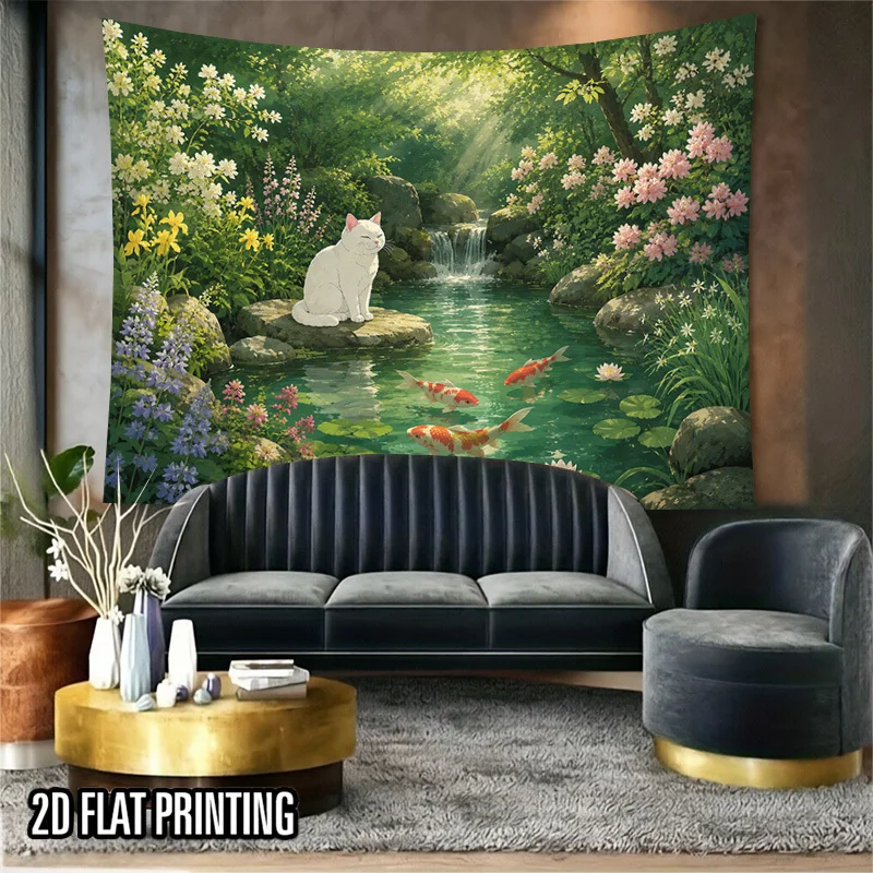 Forest Cat Wall Tapestry White Cat Koi Fish Stream Waterfall Wildflower Stone Green Leaf Nature Art Hanging Living Room Bedroom