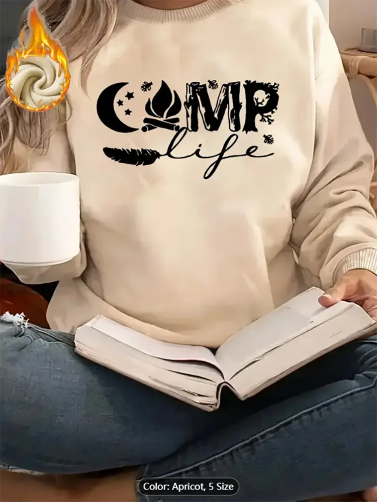 

Womens Apricot Sweatshirt Camp Life Graphic Print Fleece Lined Casual Oversized Pullover Top for Camping Style Lover Pure Cotton