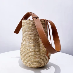 Bohemian Beach Straw Bags For Women Luxury Designer Handbag Purse 2024 New In Papyrus Woven Gourd Shape Bucket Underarm Shoulder