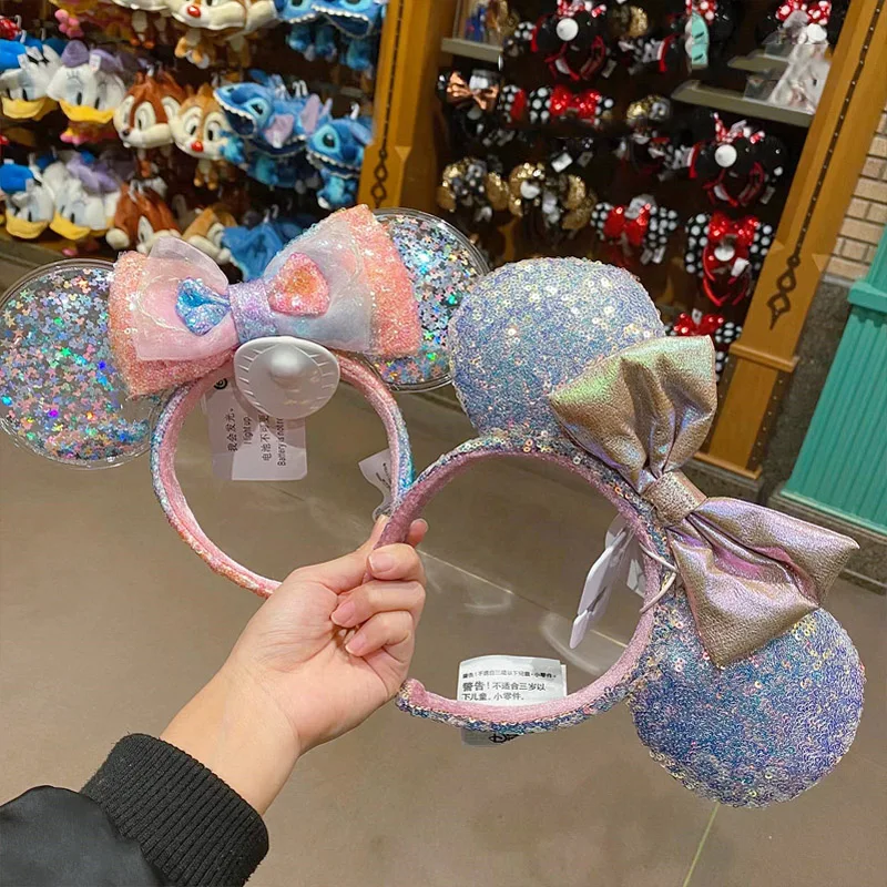 Disney 50th Anniversary Headband Shanghai Disneyland Gradual Change Rainbow Minnie Bowknot Sequins Ear Hairband Hair Headband