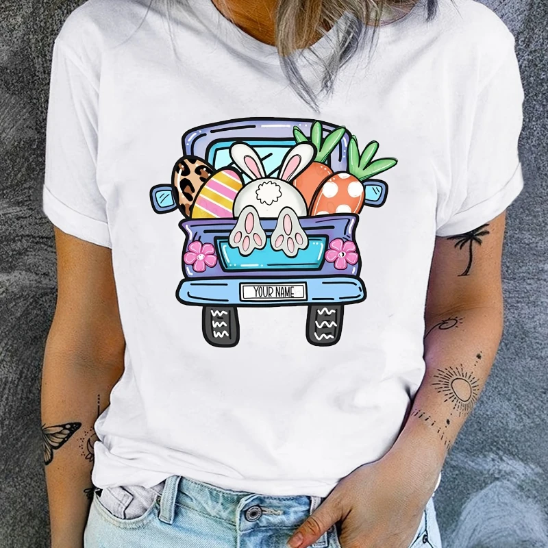 Śmieszne koszulki z nadrukiem Kawaii Cartoon Bunny Pickup dla kobiet Harajuku Summer Fashion Casual Crew Neck Short Sleeve Tops