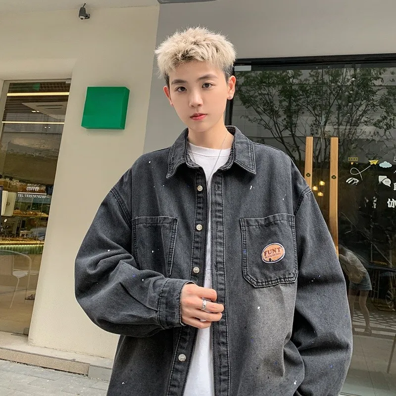 

Модная мужская джинсовая куртка в уличном стиле, весенне-осенняя, с отложным воротником, в американском стиле, джинсовая одежда