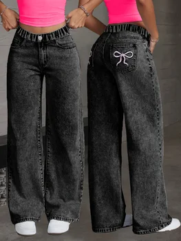Girl's Y2K style butterfly knot embroidered casual trendy all-purpose straight dark denim pants, comfortable fabric suitable.