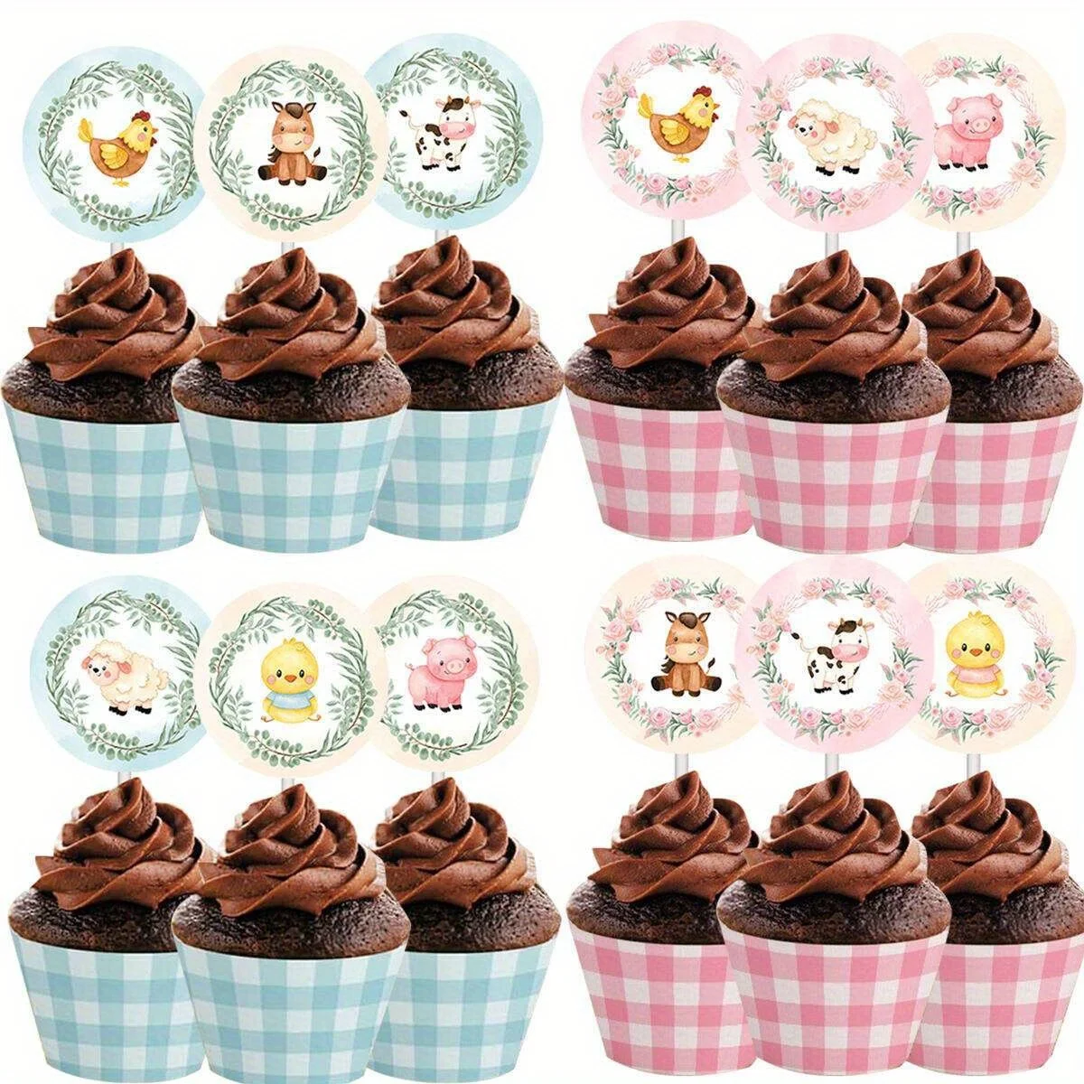 30Pcs Farm Animal Cupcake Topper Carton Cow/Pig/ Round PP Stick Topper For Kids Farmland Birthday Party DIY Cake Decorations