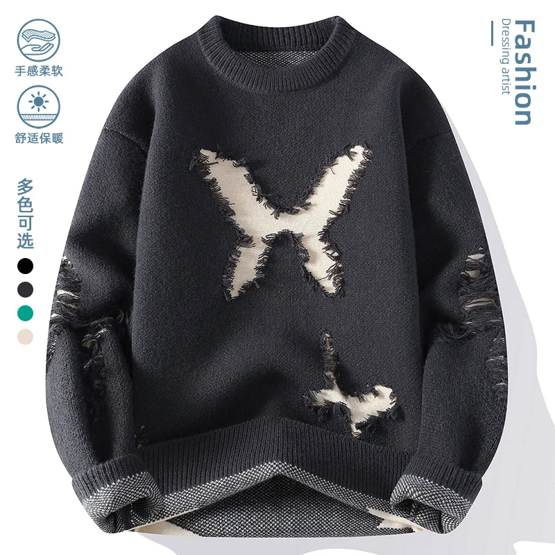 

Модный вязаный свитер High Street, модный вязаный пуловер с нашивками, осень-зима, повседневный повседневный теплый пуловер