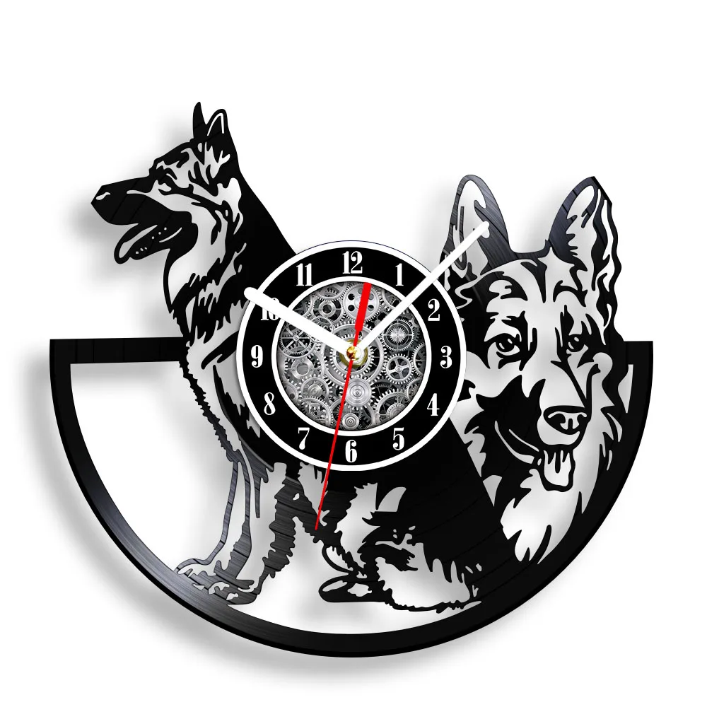 German Shepherd Dog Vinyl Record Wall Clock For Pet Store German Police Dog Puppy Home Decor Handicraft Carved Music Album Clock