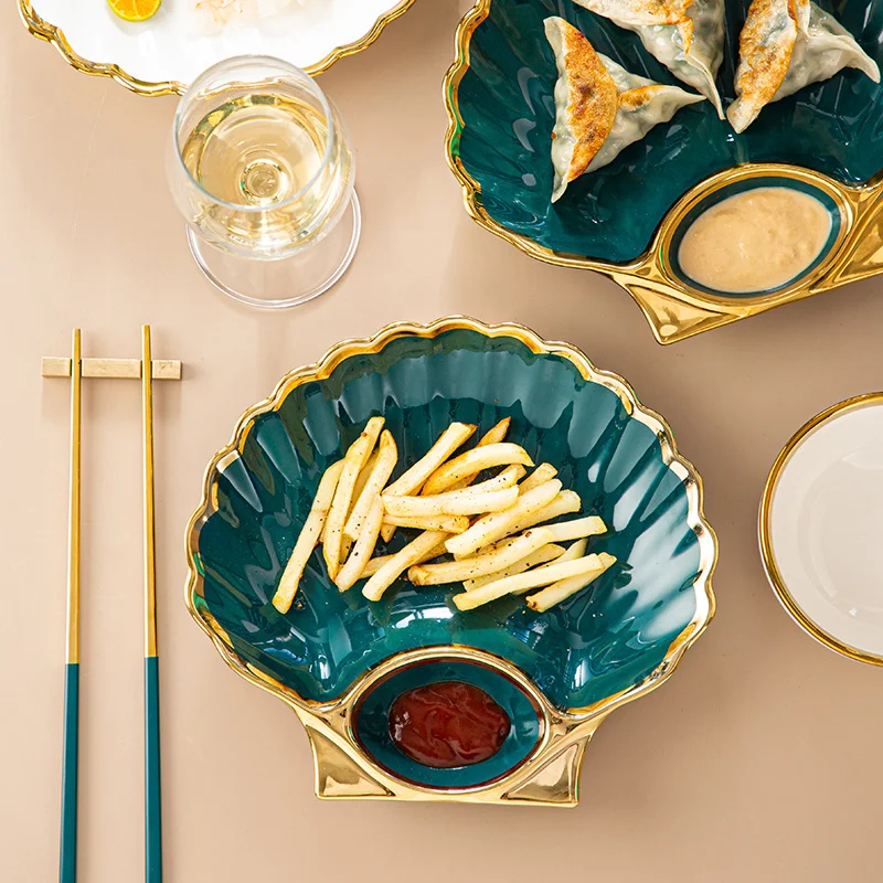 HOONRA 8 inch Creative Shell Dinner Plate Under-glazed Ceramic Dinner Dishes Dessert Tray Golden Edge Dinnerware Microwave Safe