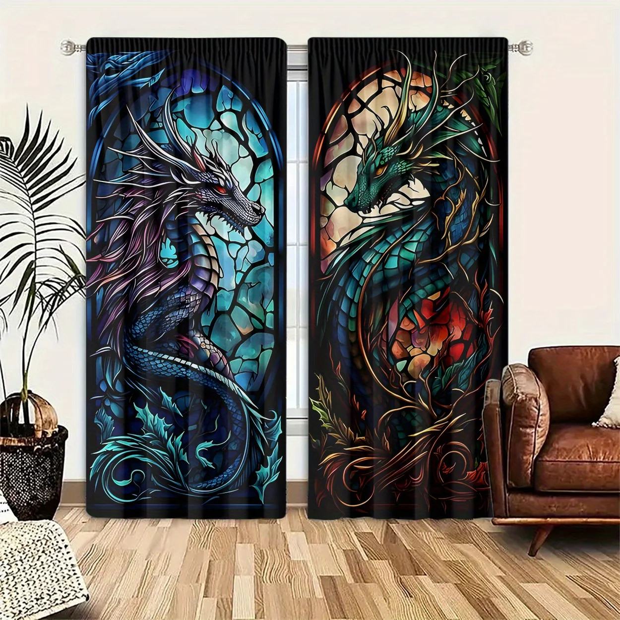2 pieces, high definition digital blue-green dragon print curtains, suitable for bedroom living room home decoration.