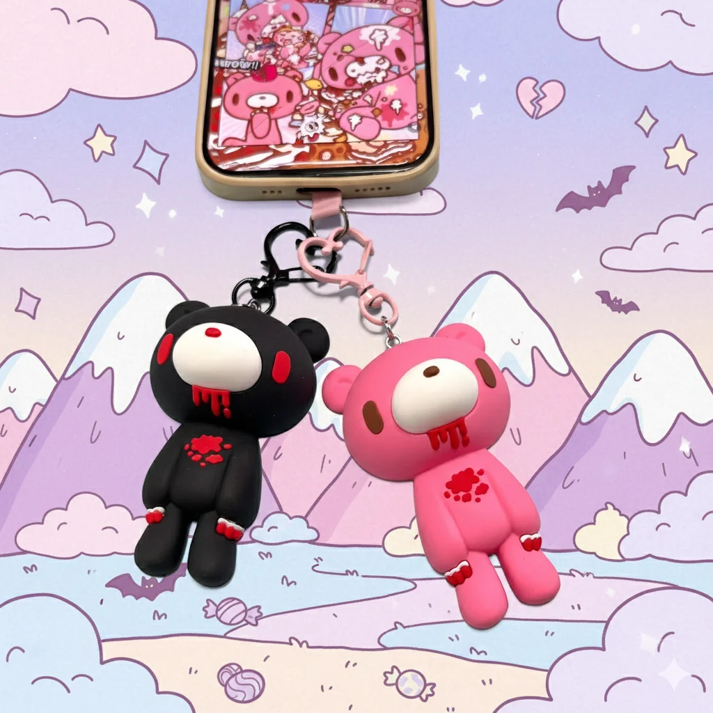 

Cute Violent Bear Phone Strap Y2K Pink Black Gloomy Bear Keychain Silicone Bloody Doll Pendant Bag Charm Accessories Couple Gift