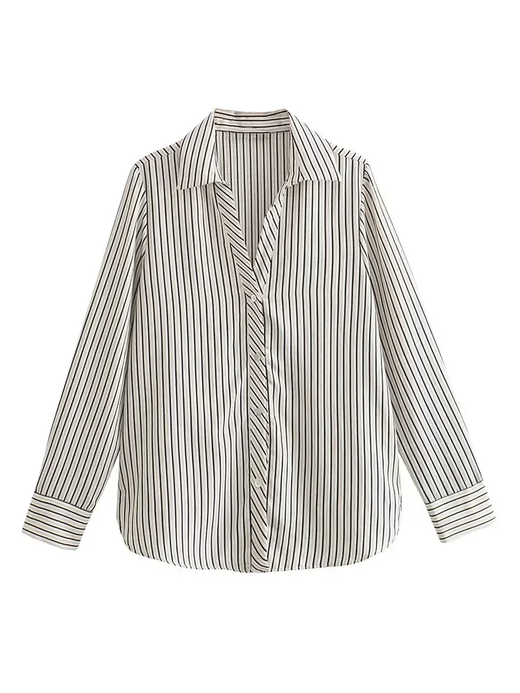 

Women 2023 New Fashion Versatile Style Striped Casual Blouses Vintage Long Sleeve Button-up Female Shirts Chic Tops