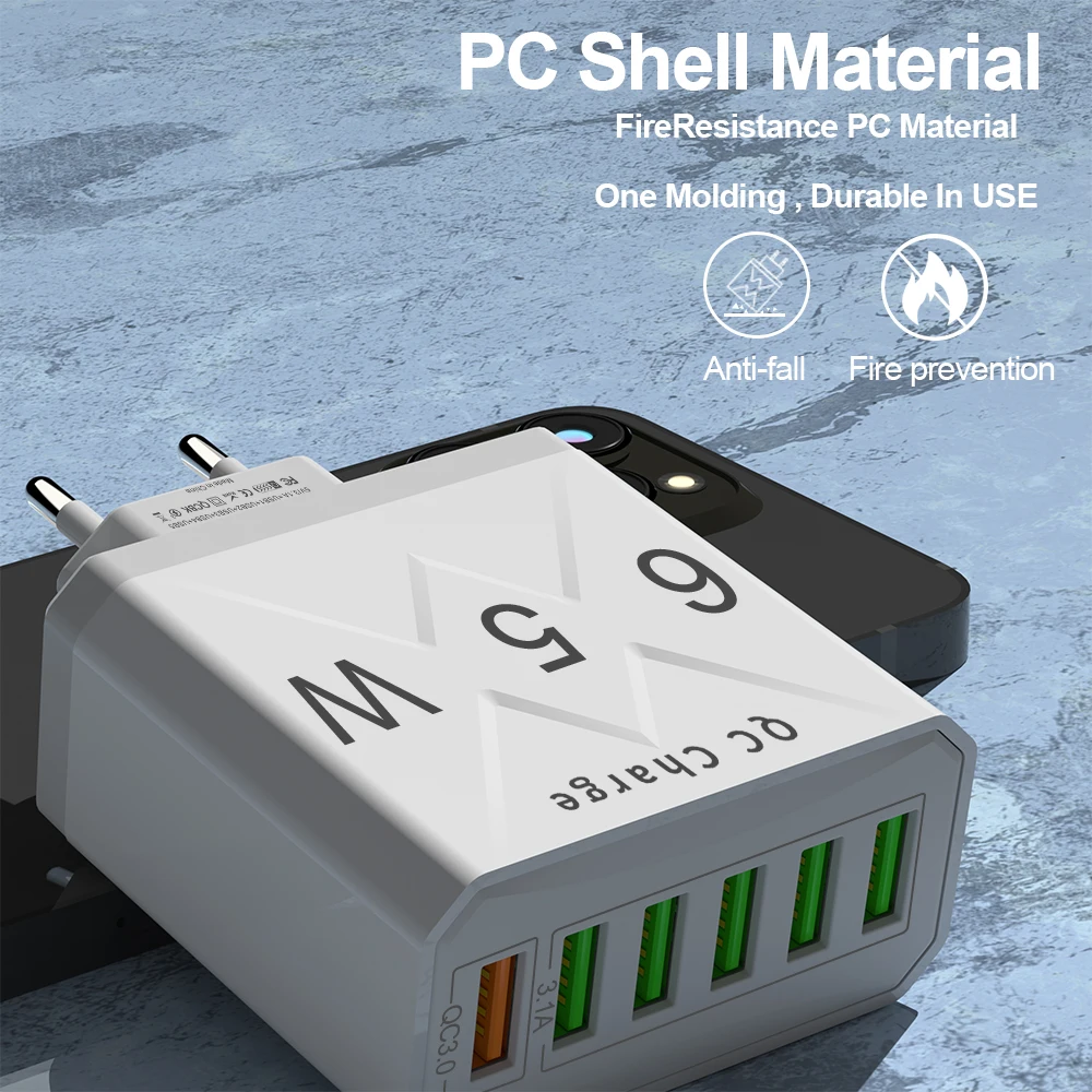 65W Mobile Phone 6 Ports Fast Charger USB Charger Fast Charging Adapter 6-in-1 QC3.0 US EU KR Plug Quick Wall Charger for iPhone - náhled 3